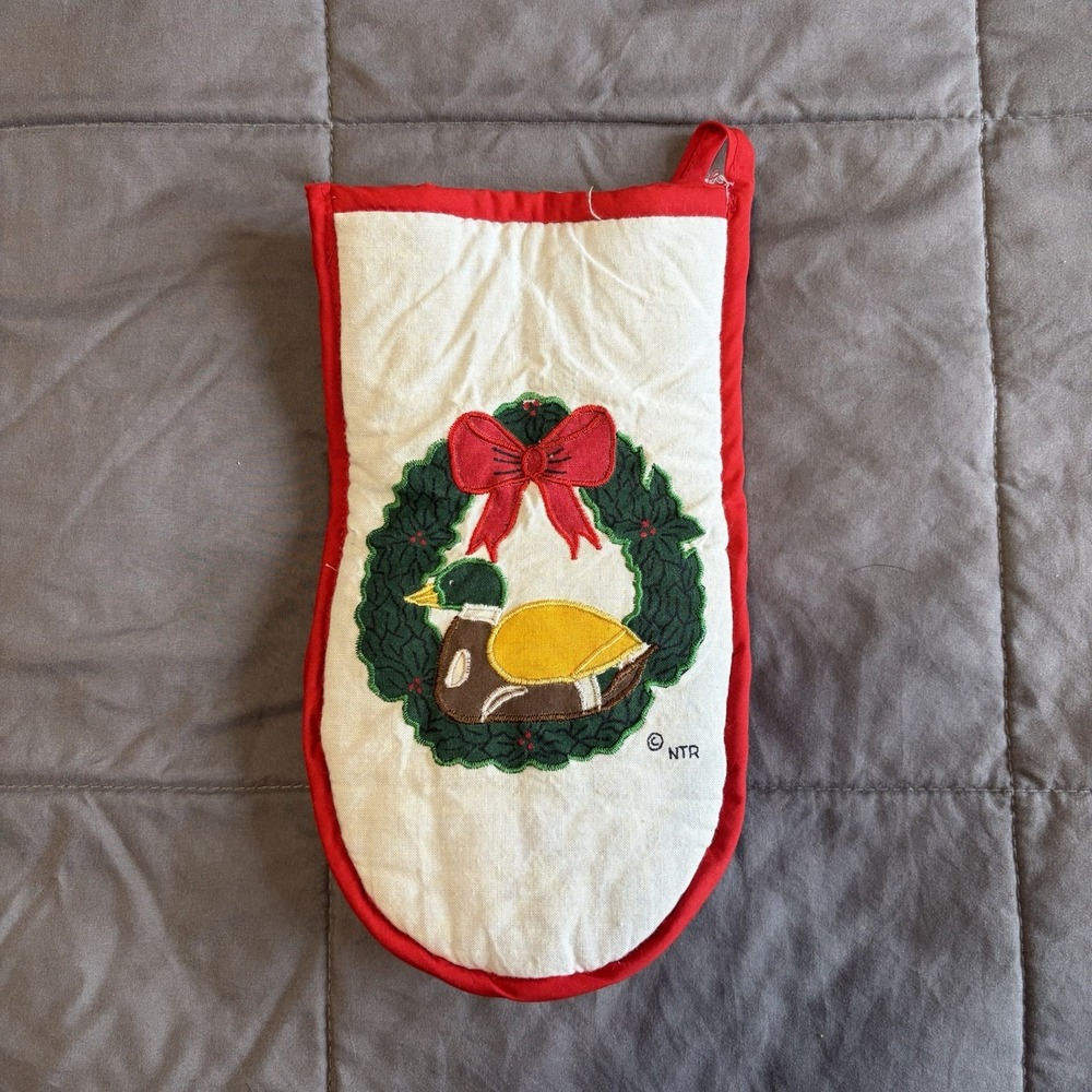 VTG Christmas Mallard Duck Wreath Oven Mitt Hanging Decoration Cottage 90s Cute